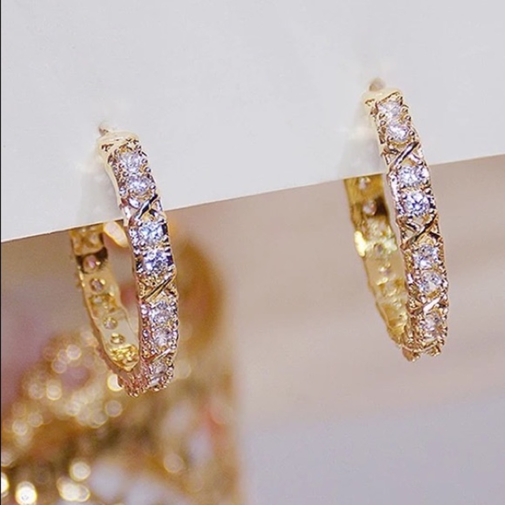 NEW - 14K Gold Plated Crystal Hoop Earrings